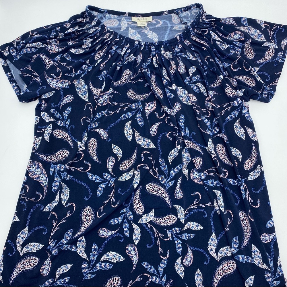 Style & Co. Woman’s Top Short Sleeve Pleated‎ Collar Paisley & Feather Print XL